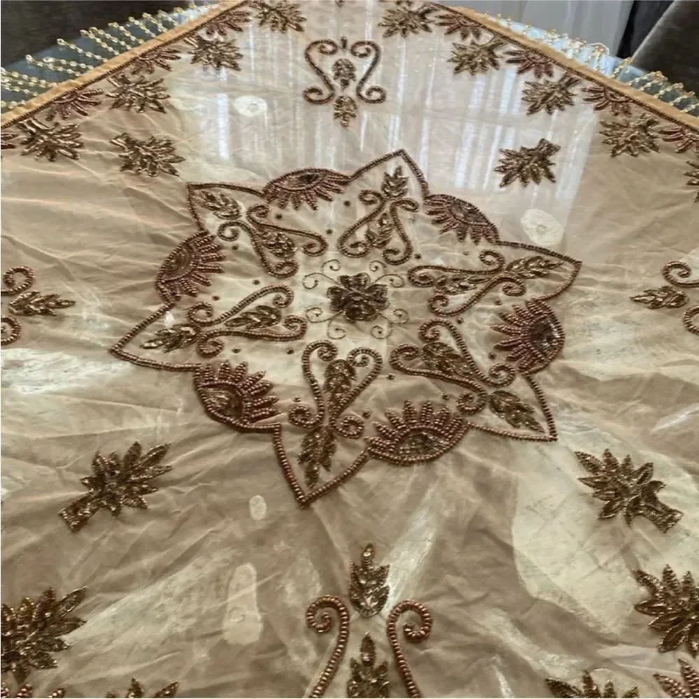 Elegant Brown and Gold  beaded Tablecloth, handmade in India 🇮🇳